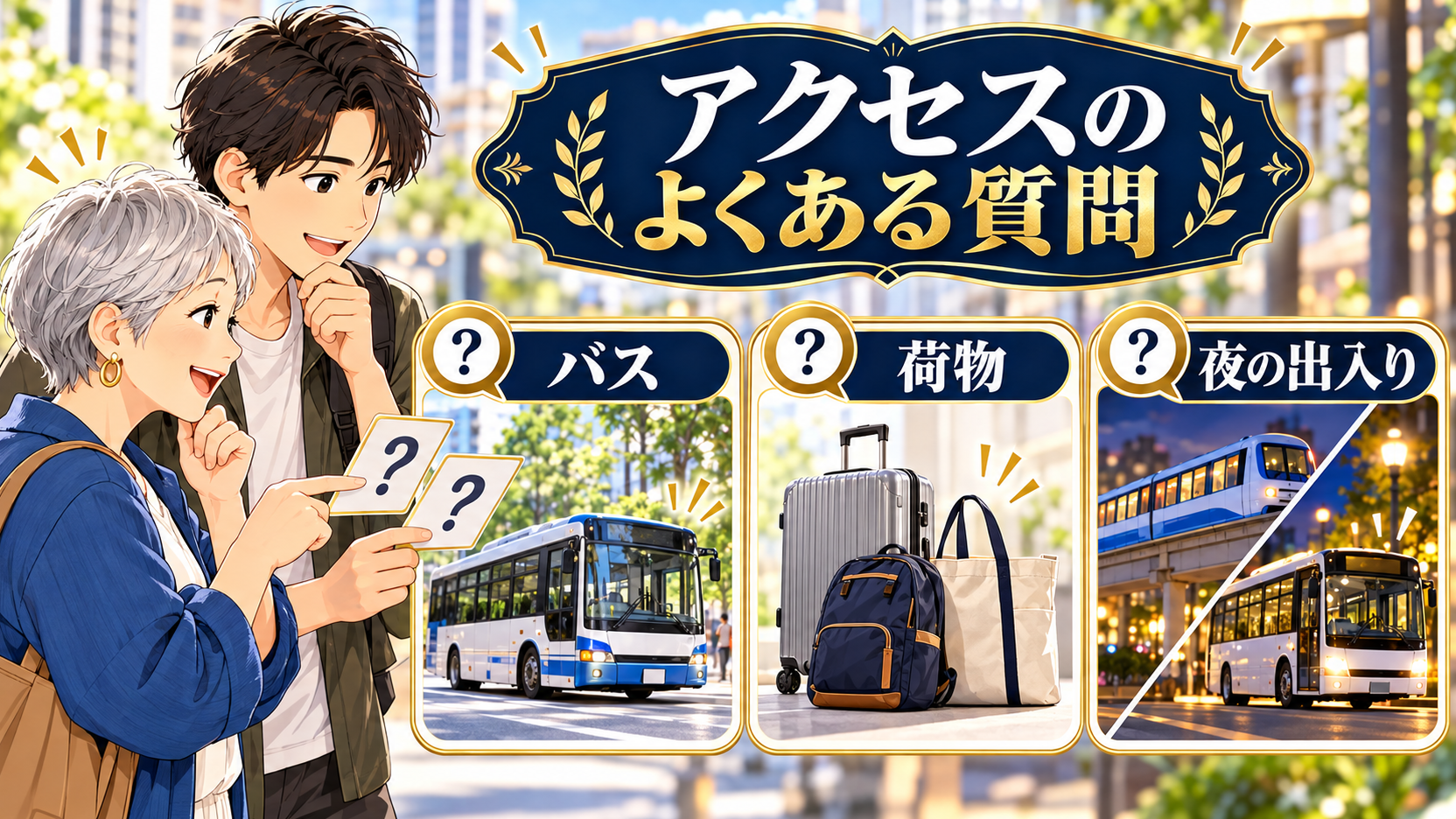 バスと荷物、夜の出入りについて質問を確認する母子