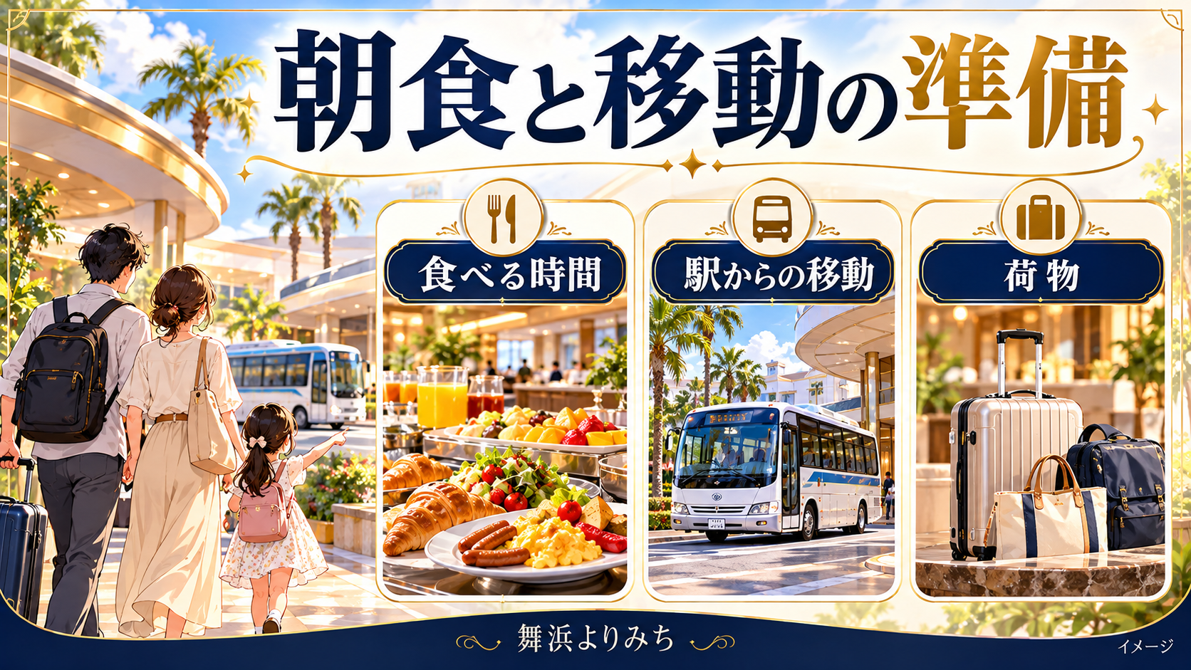 朝食と移動の準備について、食べる時間・駅からの移動・荷物を示す図解