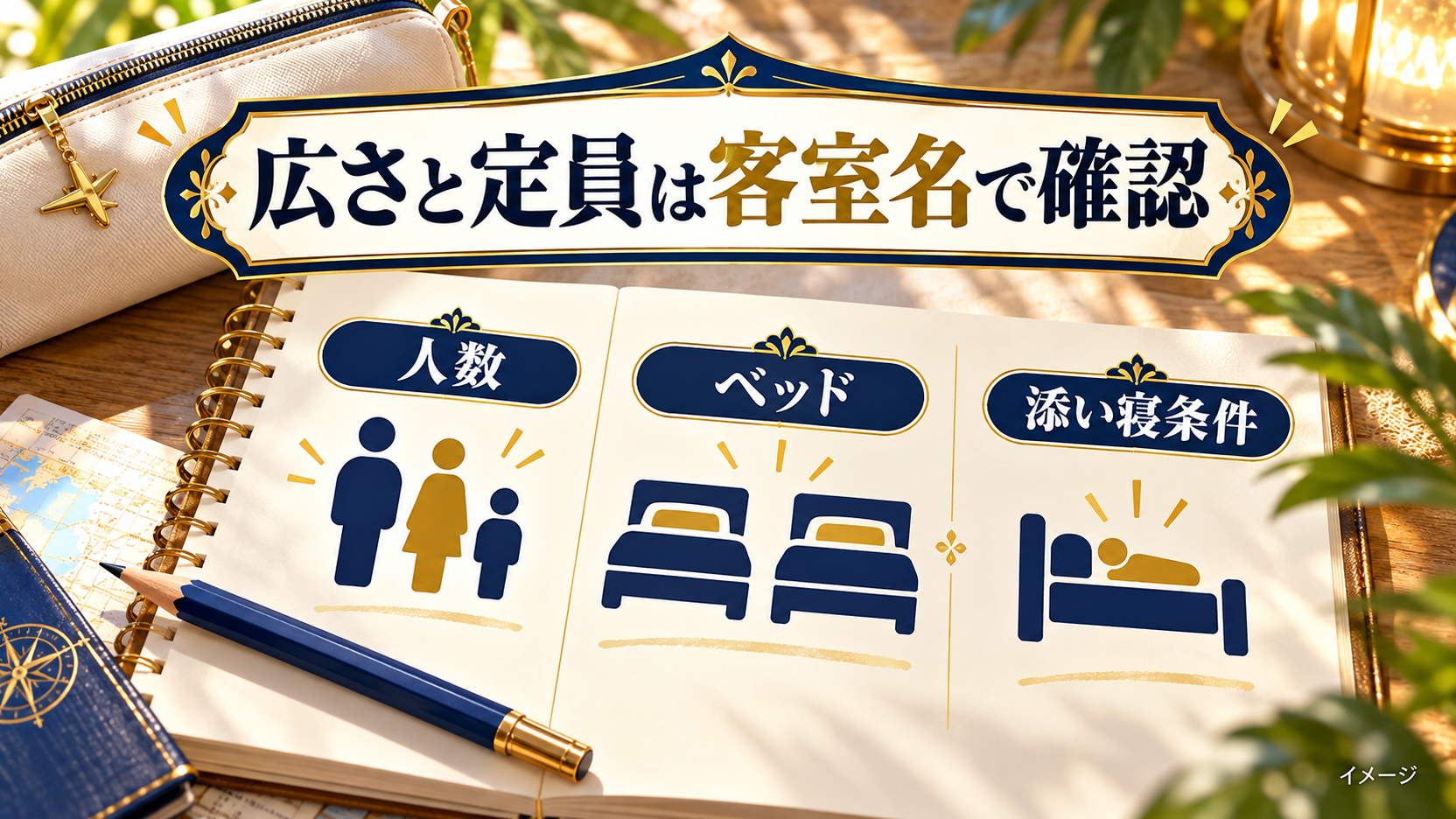 人数とベッド、添い寝条件を客室名ごとに確認する図