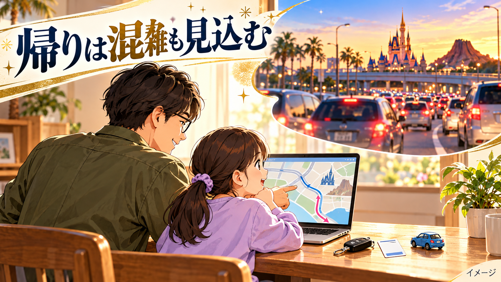 父親と子どもが車の鍵と駐車券を使いながら予定を相談するイメージ