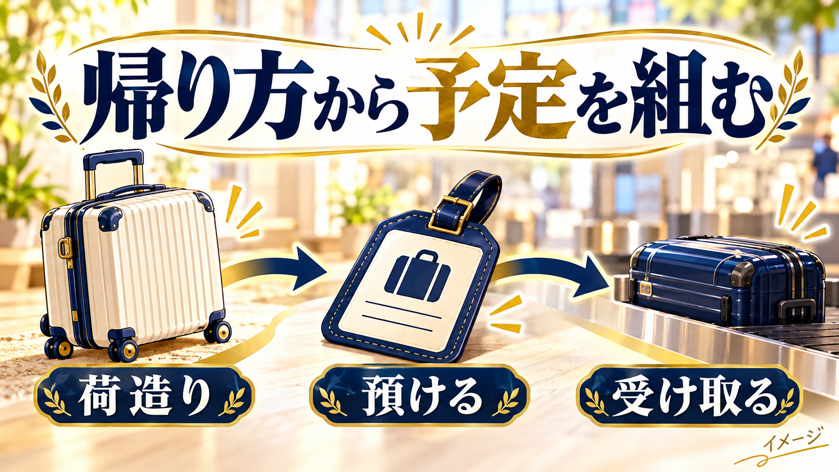 荷造り、預け入れ、受け取りの順に帰り方を計画する図