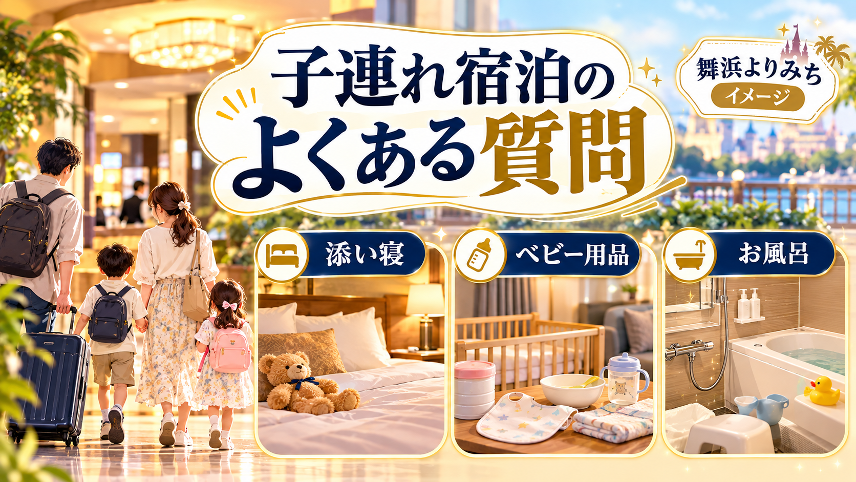 子連れ宿泊のよくある質問について、添い寝・ベビー用品・お風呂を整理した図解