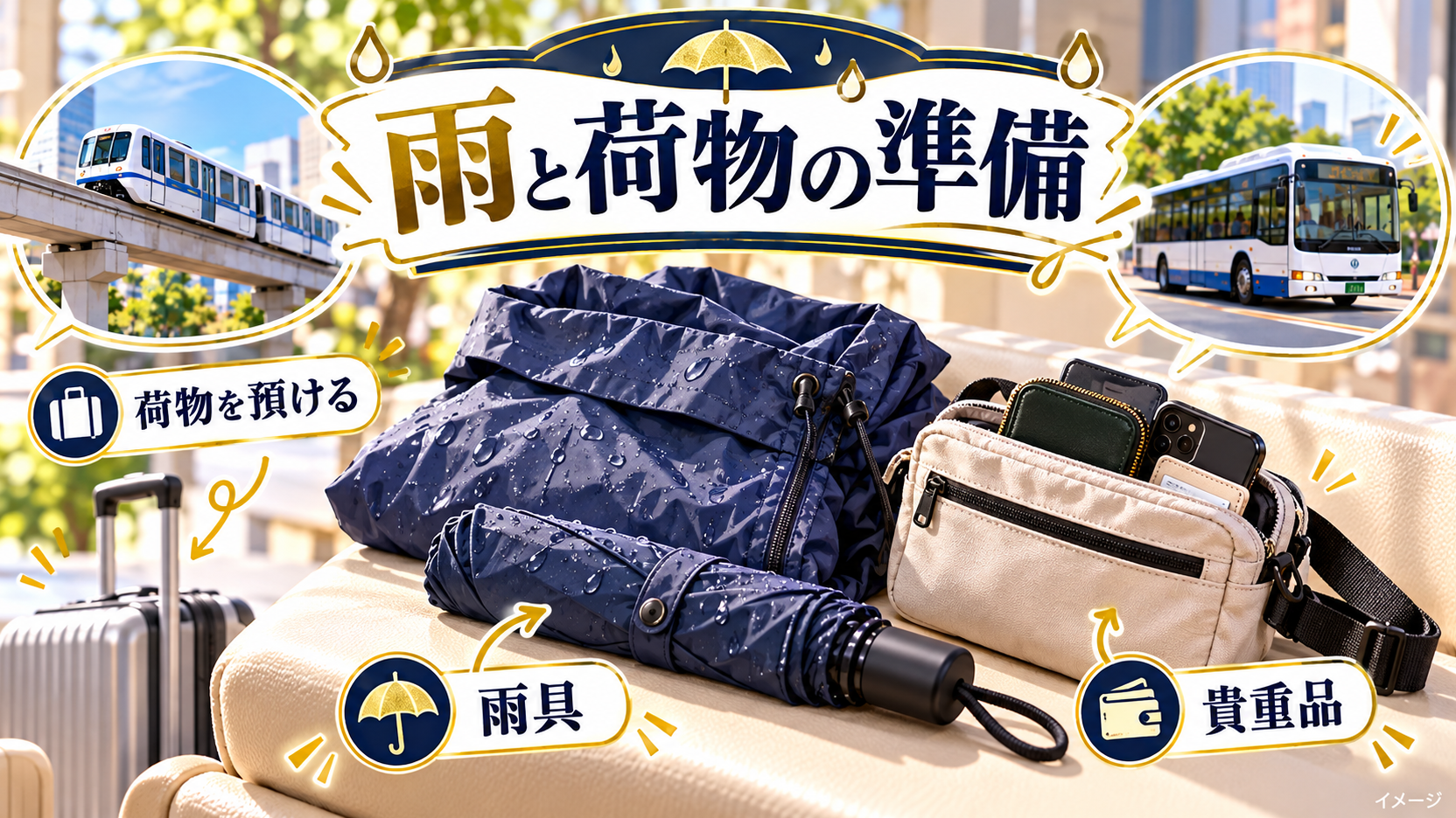 荷物の預け入れと雨具、貴重品を準備するイメージ