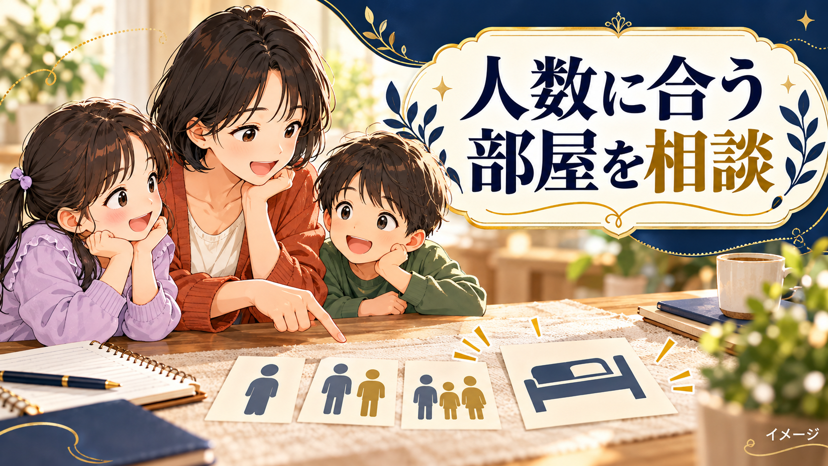 母親と子どもたちが人数とベッドのアイコンを見ながら部屋選びを相談するイメージ