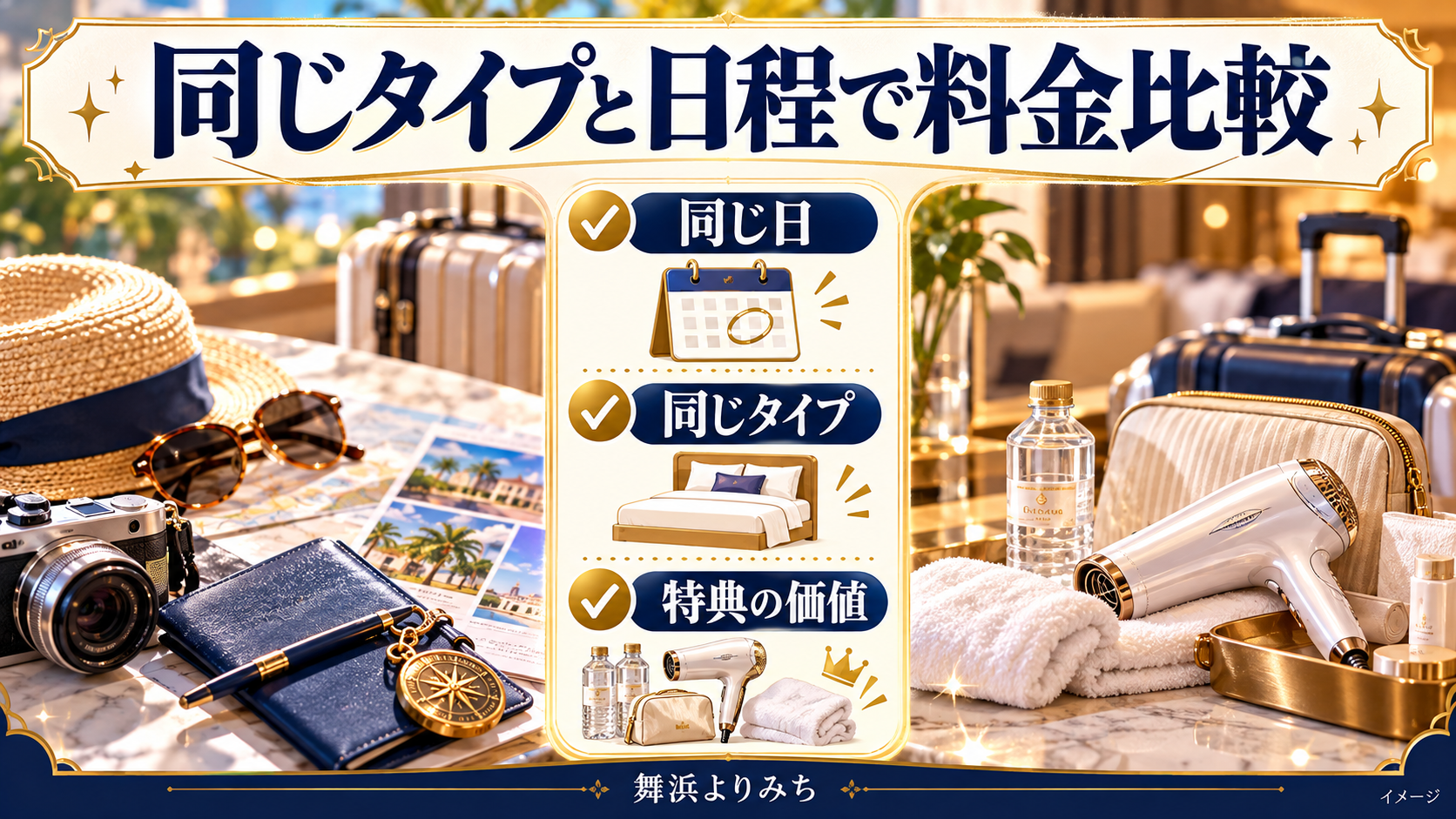 同じタイプと日程で料金比較について、同じ日・同じタイプ・特典の価値を示す図解