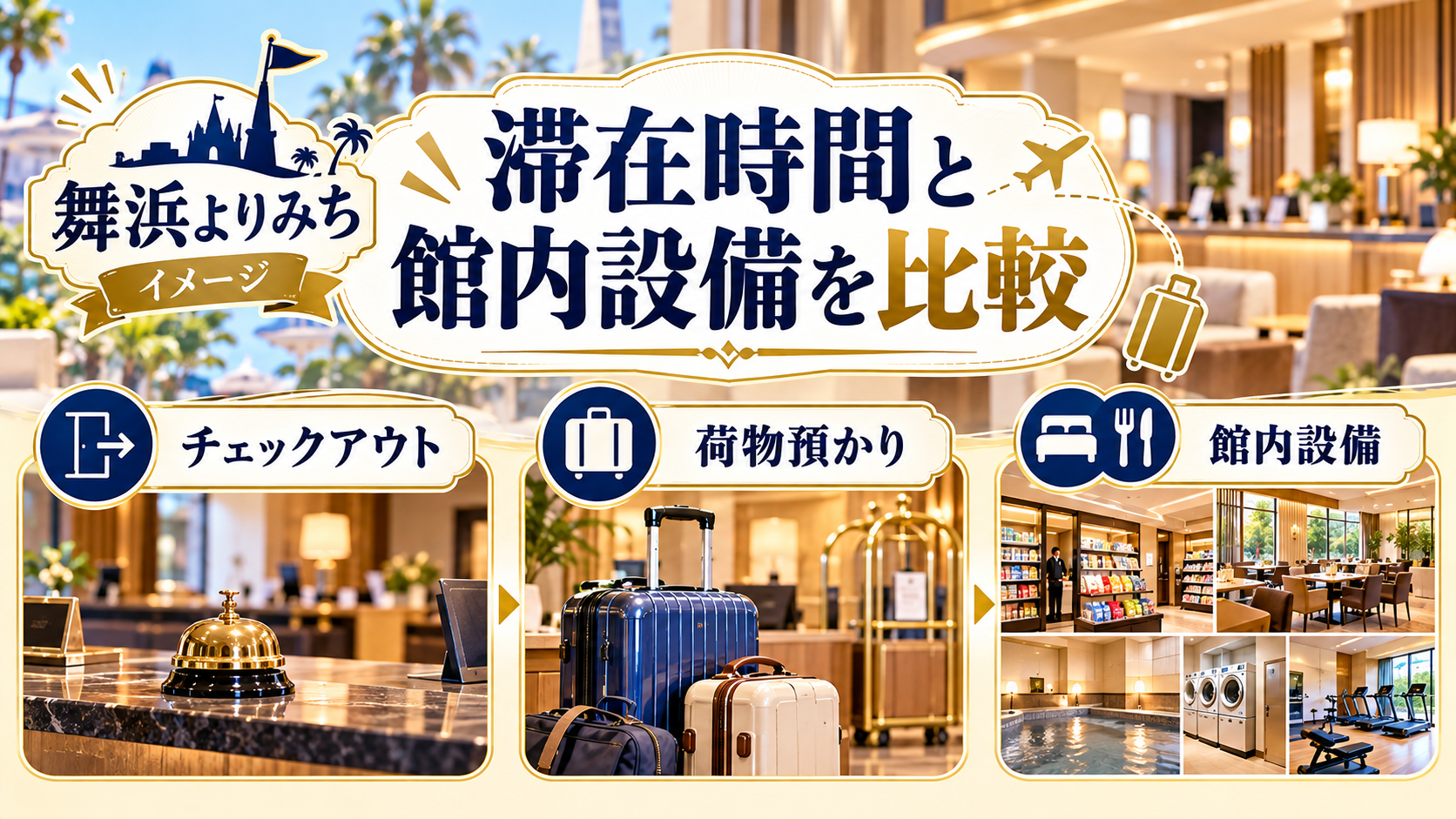 滞在時間と館内設備を比較について、チェックアウト・荷物預かり・館内設備を整理した図解