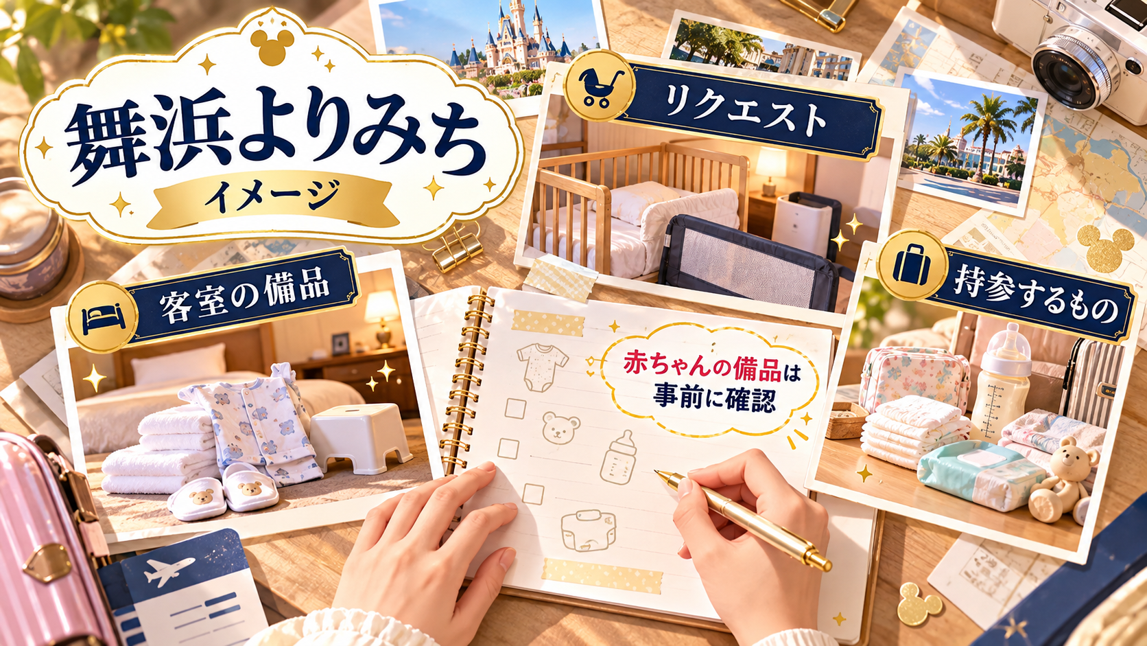 赤ちゃんの備品は事前に確認について、客室の備品・リクエスト・持参するものを整理した図解