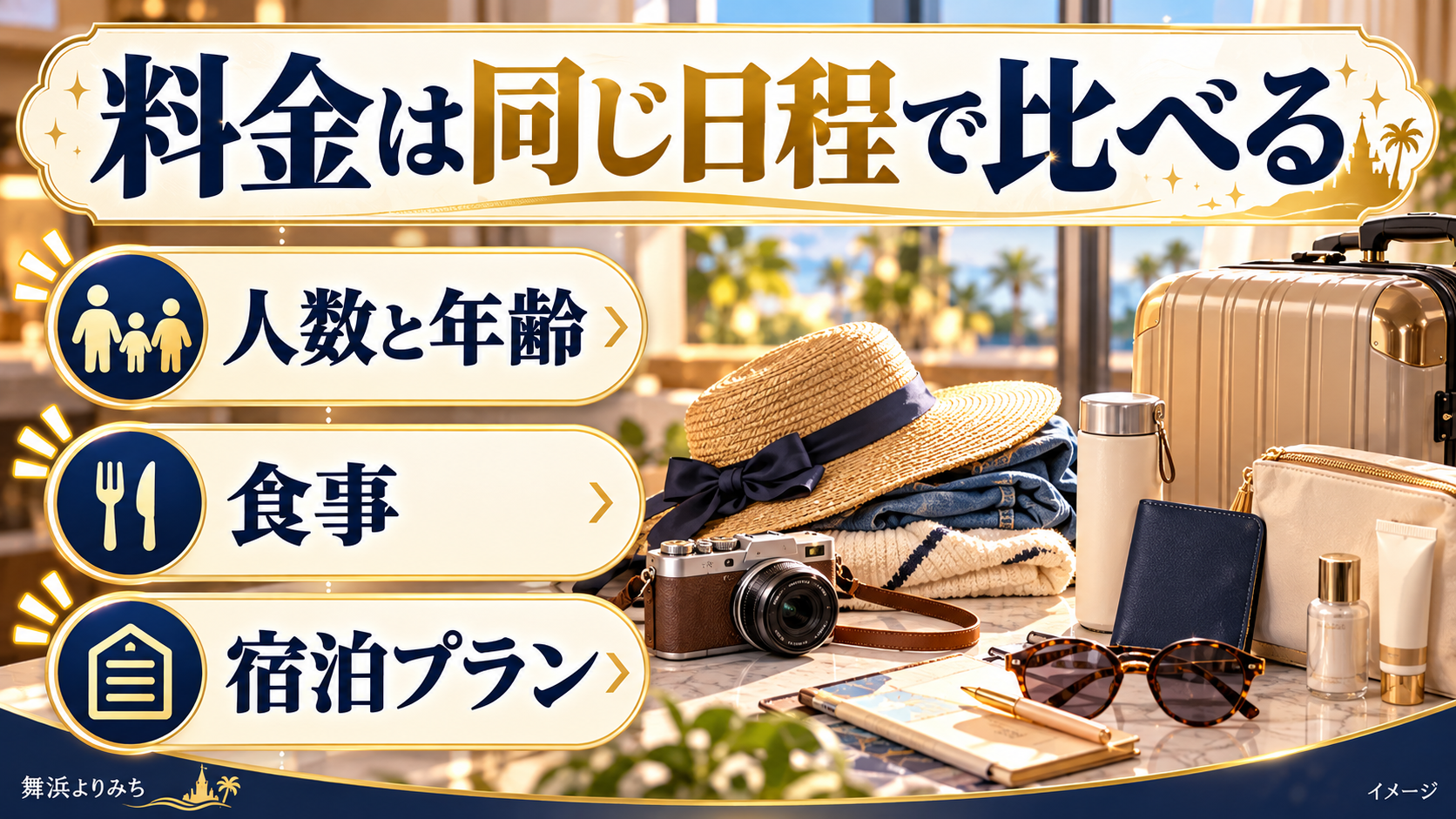 料金は同じ日程で比べるについて、人数と年齢・食事・宿泊プランを示す図解