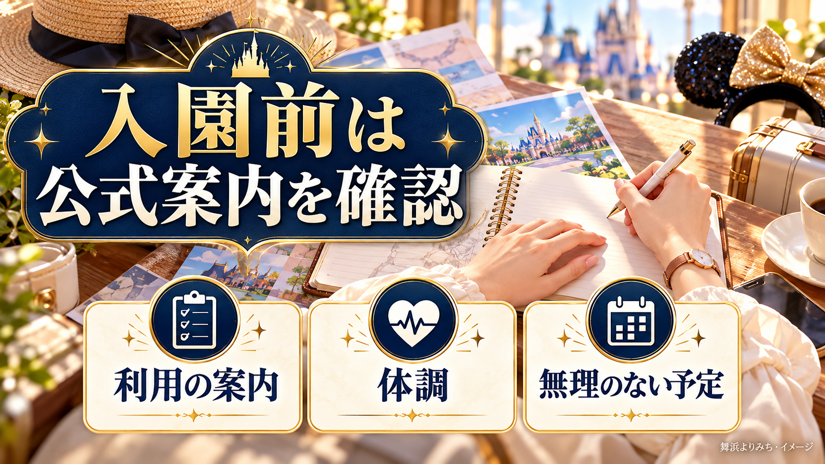 入園前は公式案内を確認について、利用の案内・体調・無理のない予定を整理した図解