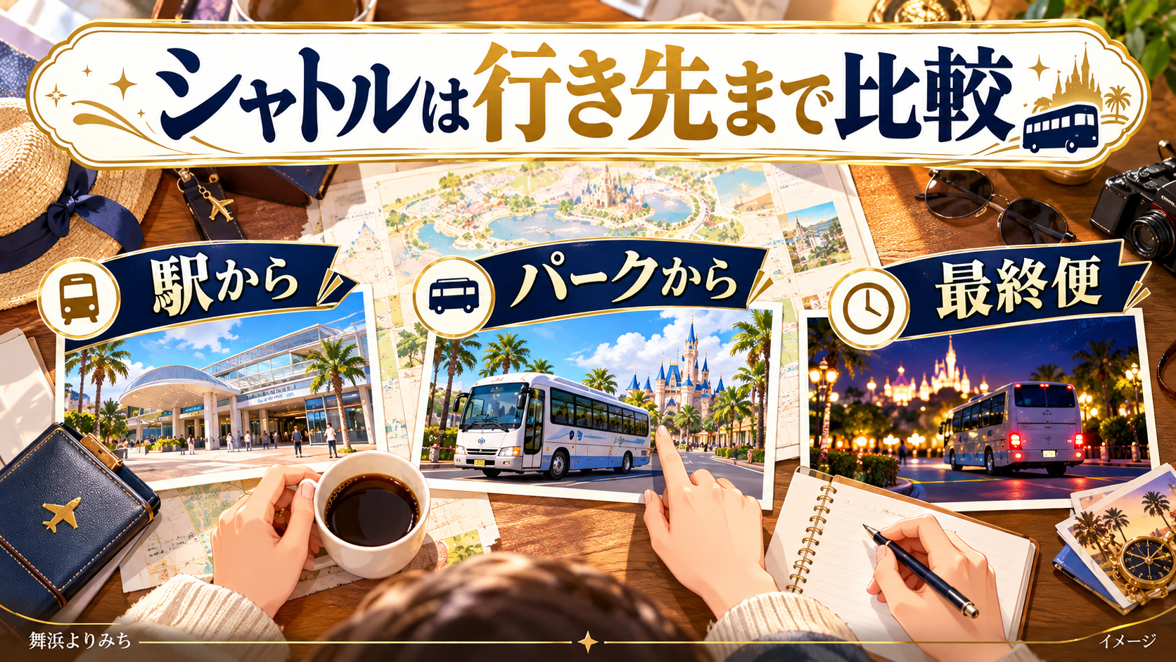 シャトルは行き先まで比較について、駅から・パークから・最終便を示す図解