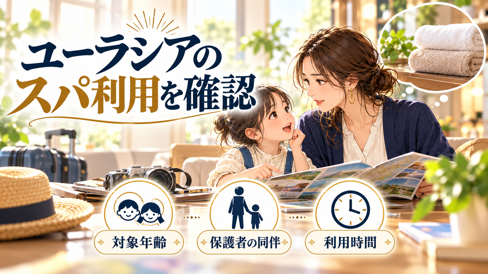 ユーラシアのスパ利用を確認について、対象年齢・保護者の同伴・利用時間を旅行用品やイラストで整理した図