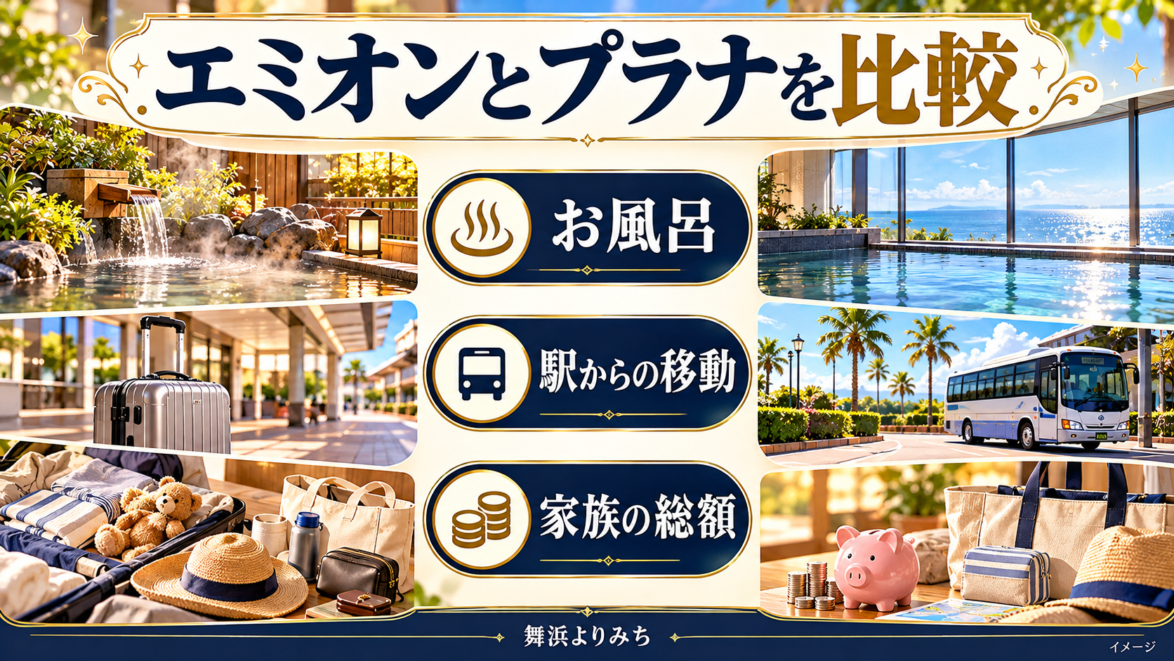 エミオンとプラナを比較について、お風呂・駅からの移動・家族の総額を示す図解