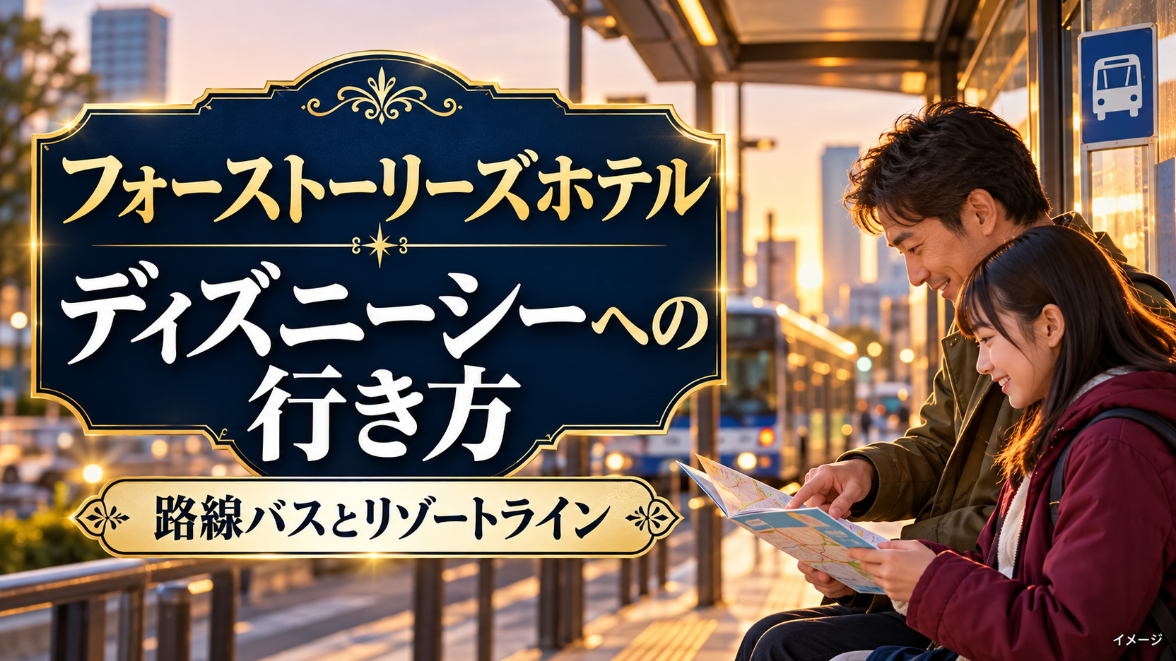 フォーストーリーズホテルからディズニーシーへの行き方を相談する親子のイメージ