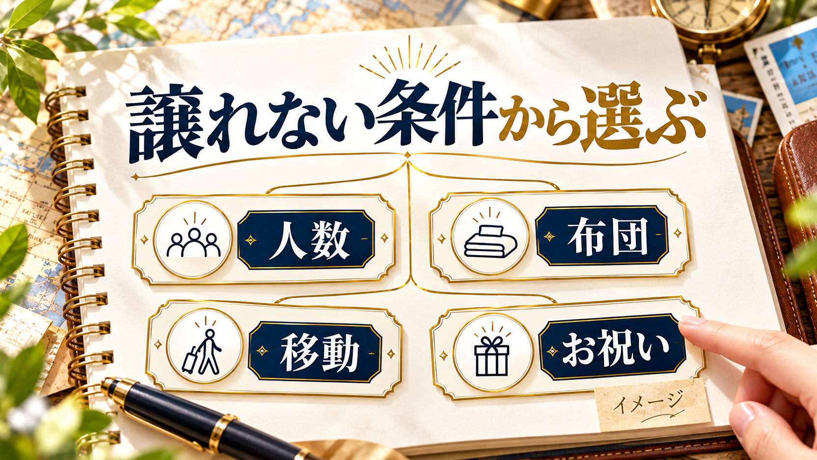 人数、布団、移動、お祝いの希望を分岐で整理するホテル選びの図解。