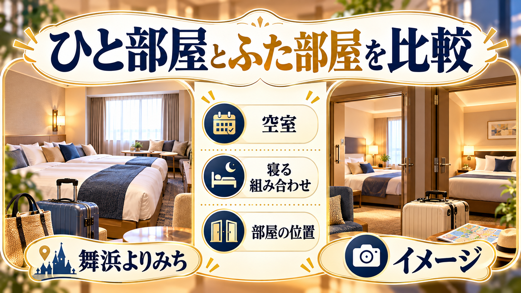 ひと部屋とふた部屋を比較について、空室・寝る組み合わせ・部屋の位置を整理した図解