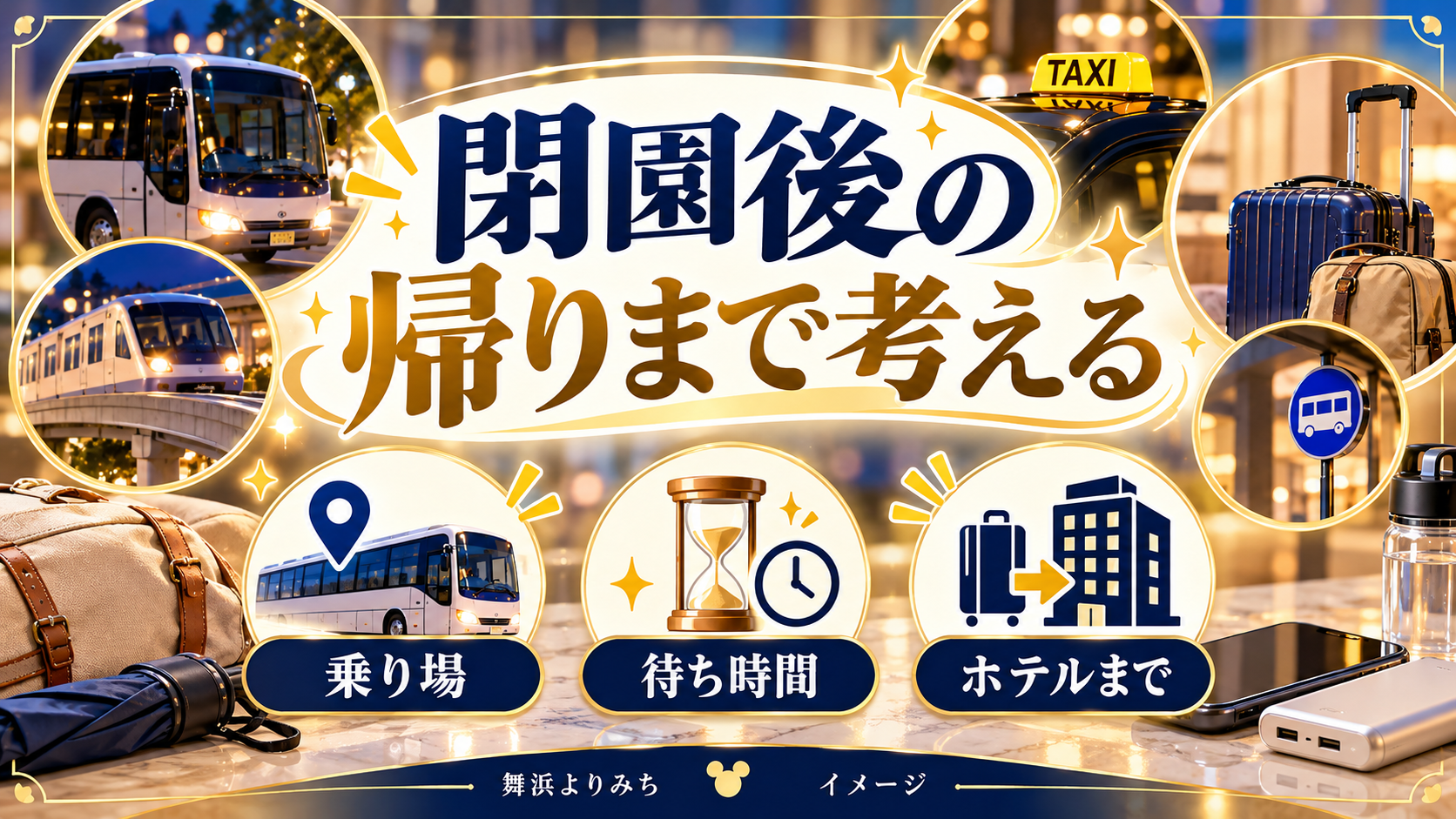 閉園後の帰りまで考えるについて、乗り場・待ち時間・ホテルまでを示す図解