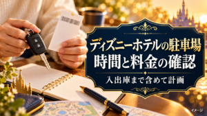 車の鍵と駐車券を使って駐車場の利用時間と料金を確認するイメージ
