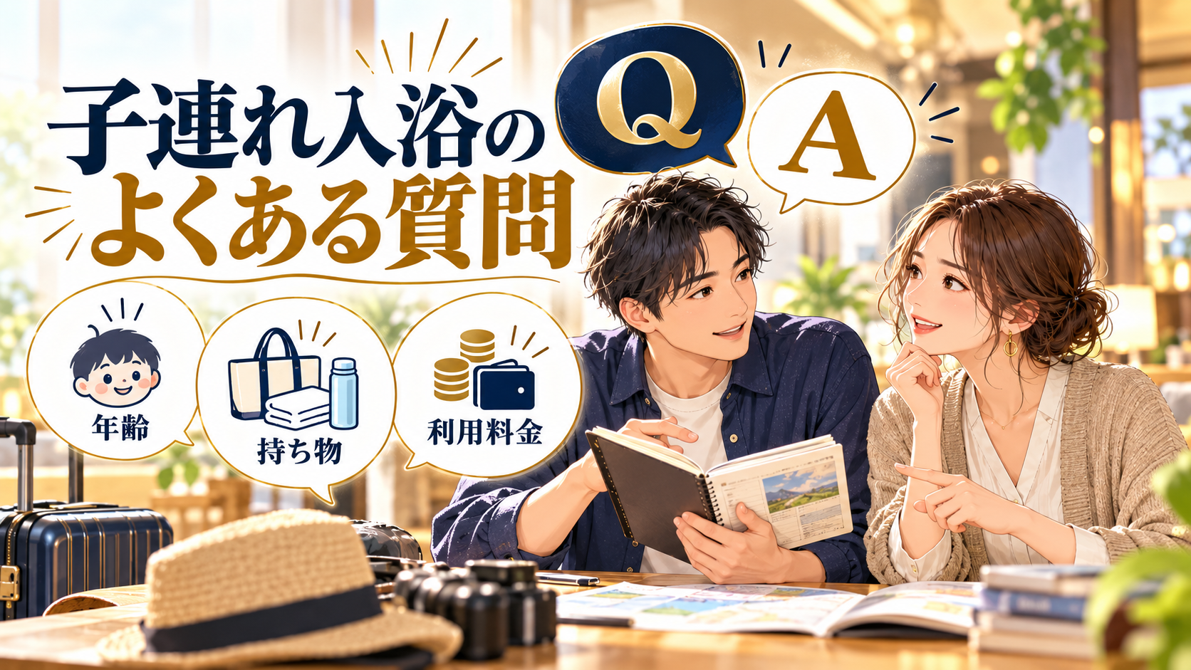 子連れ入浴のよくある質問について、年齢・持ち物・利用料金を旅行用品やイラストで整理した図
