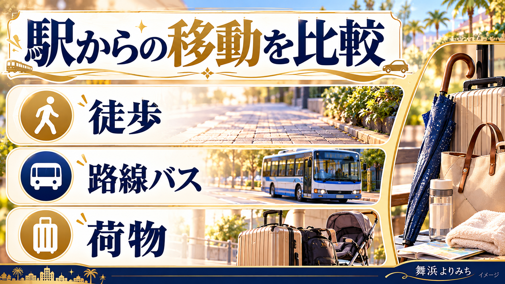 駅からの移動を比較について、徒歩・路線バス・荷物を示す図解