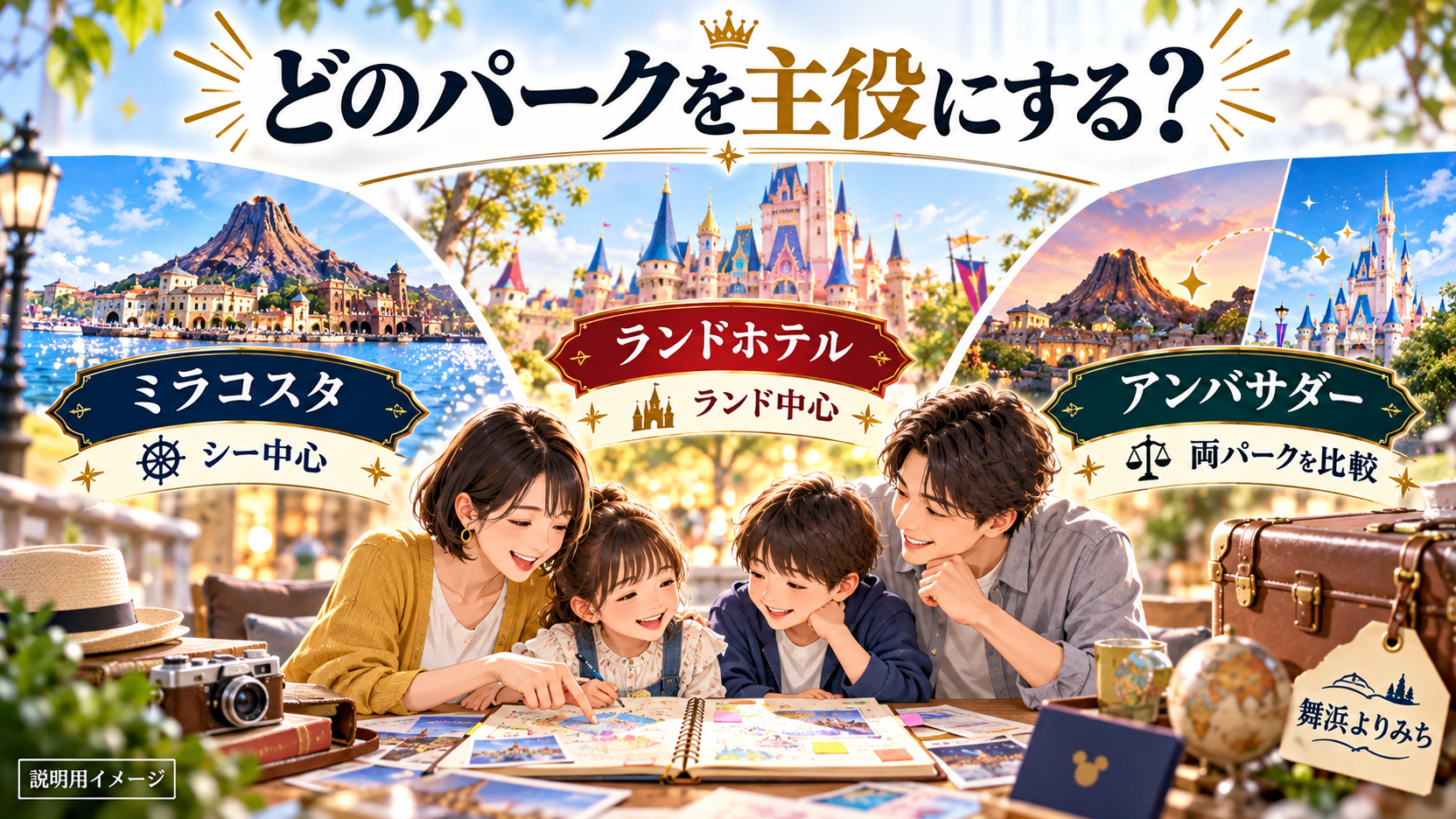 ミラコスタ、ランドホテル、アンバサダーを旅行の中心にするパークから比較する図
