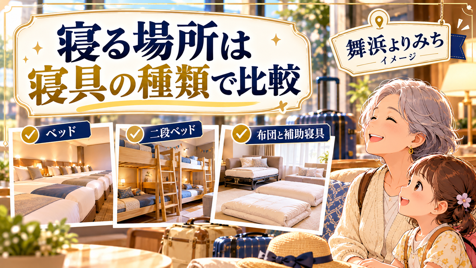寝る場所は寝具の種類で比較について、ベッド・二段ベッド・布団と補助寝具を整理した図解