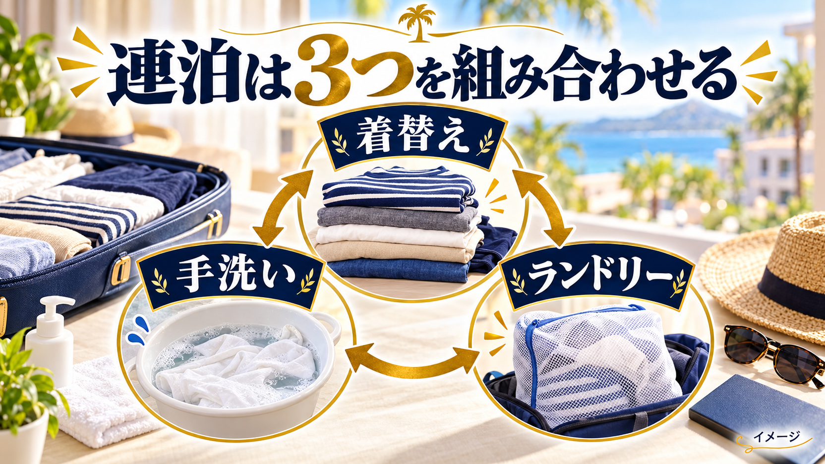 連泊の着替え、手洗い、ランドリーを組み合わせる図