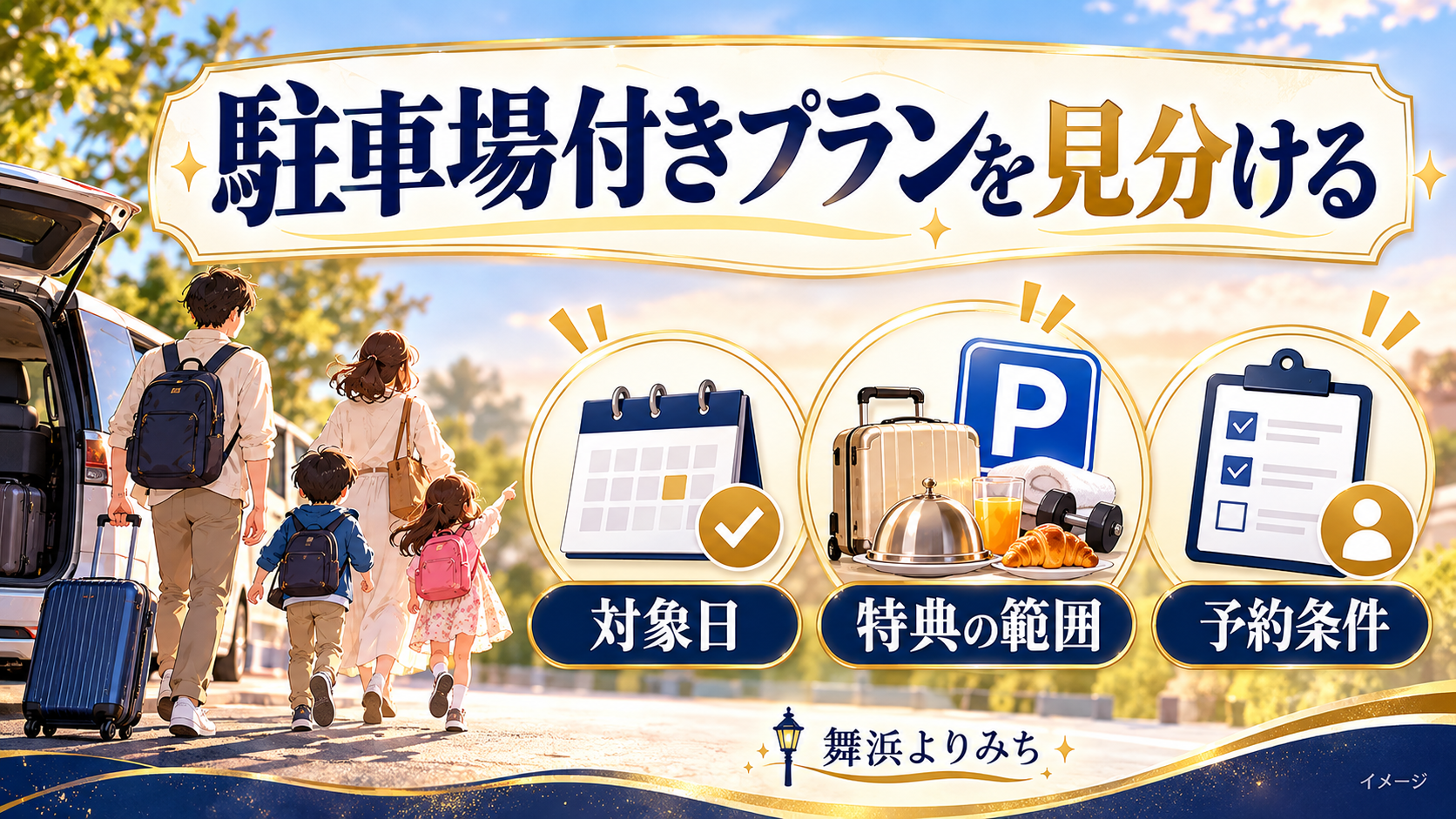 駐車場付きプランを見分けるについて、対象日・特典の範囲・予約条件を示す図解