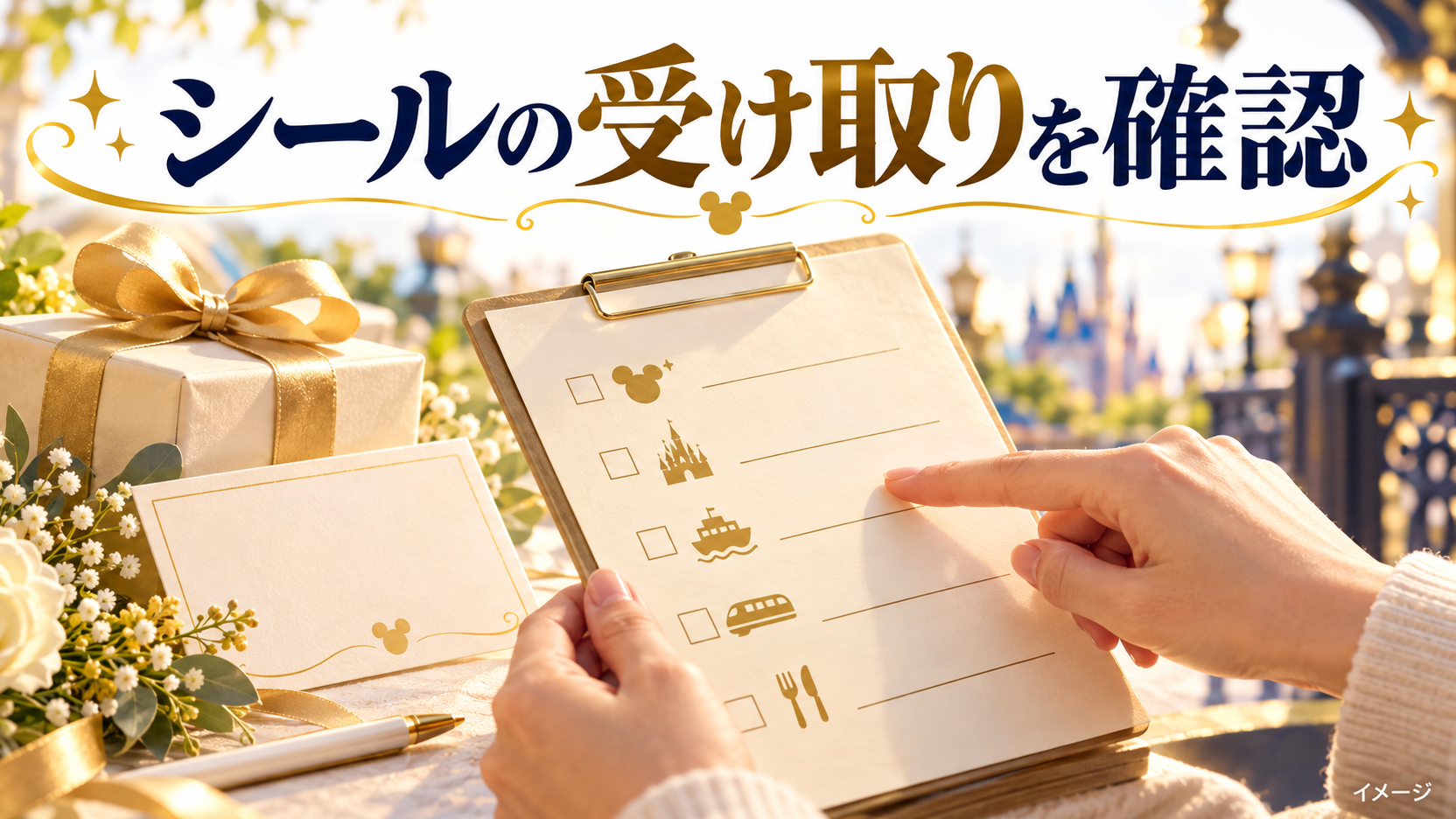 手元のチェックリストと花とお祝いカードで準備する内容を確認するイメージ
