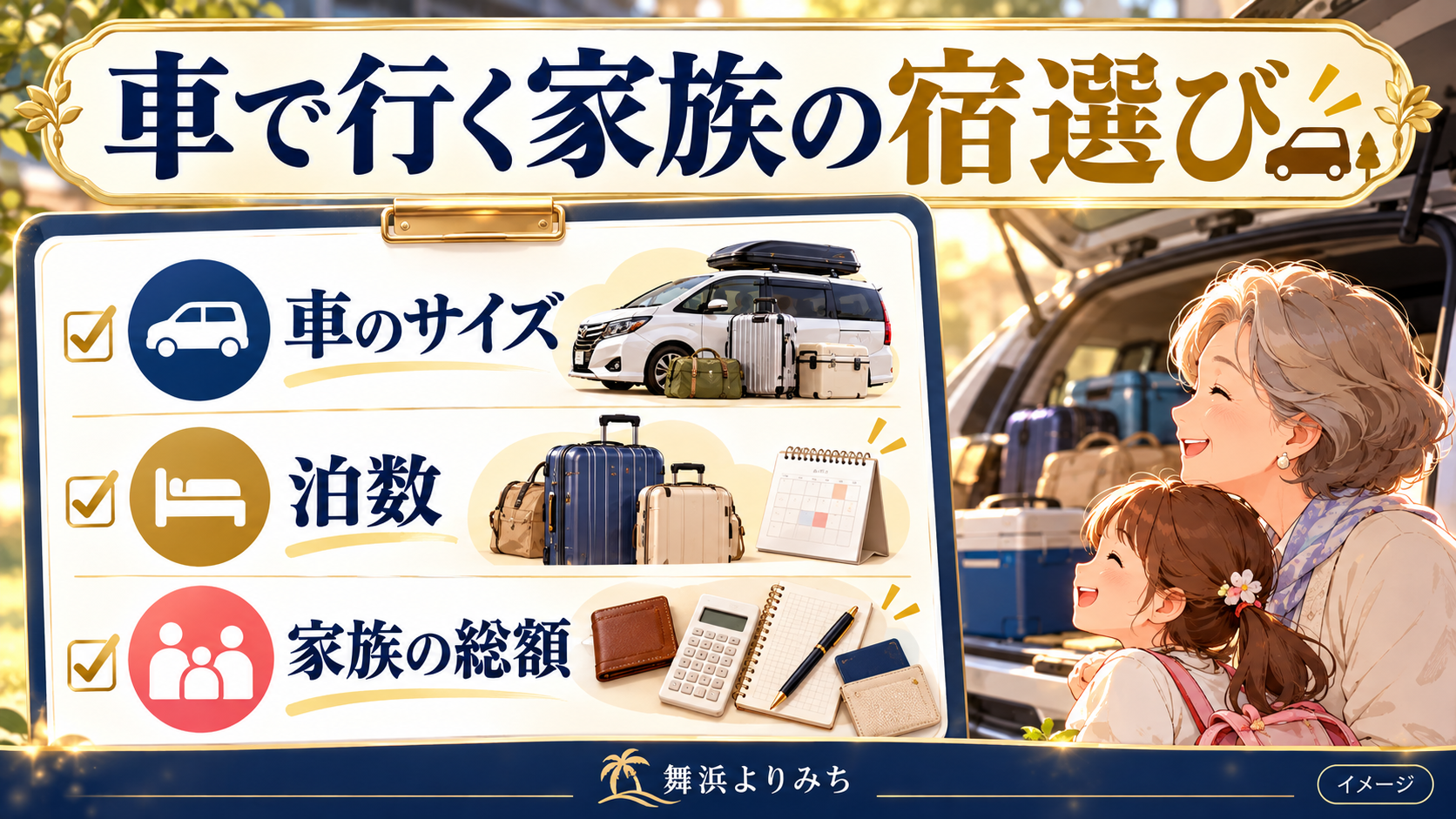 車で行く家族の宿選びについて、車のサイズ・泊数・家族の総額を示す図解