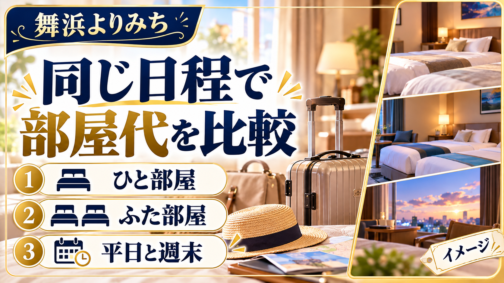 同じ日程で部屋代を比較について、ひと部屋・ふた部屋・平日と週末を整理した図解