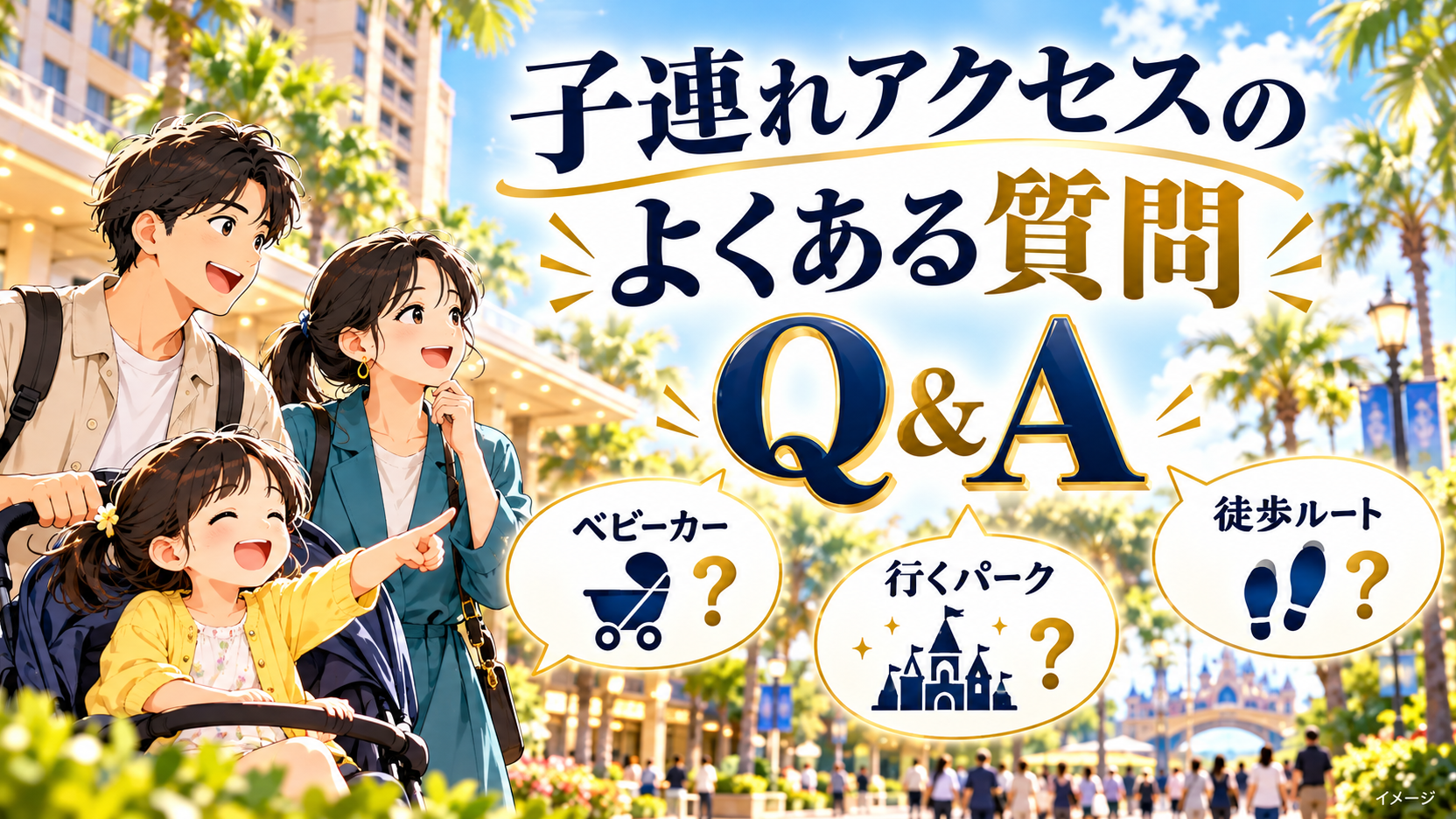親子の旅行場面と、ベビーカー、行くパーク、徒歩ルートの疑問を整理する図解。