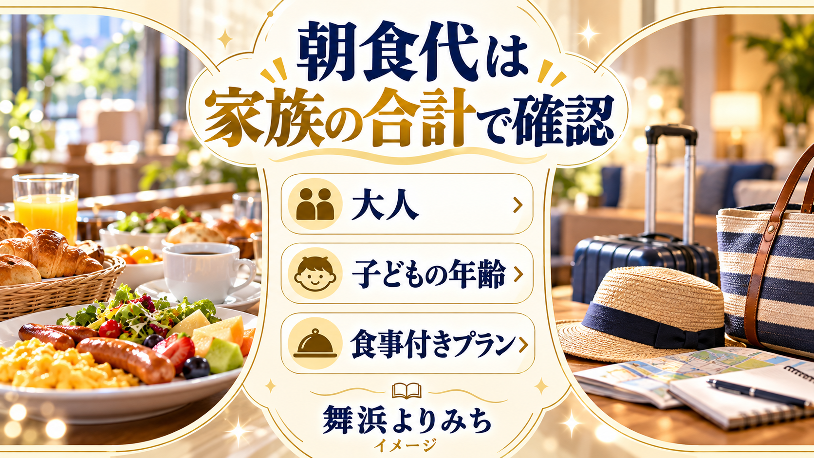 朝食代は家族の合計で確認について、大人・子どもの年齢・食事付きプランを整理した図解