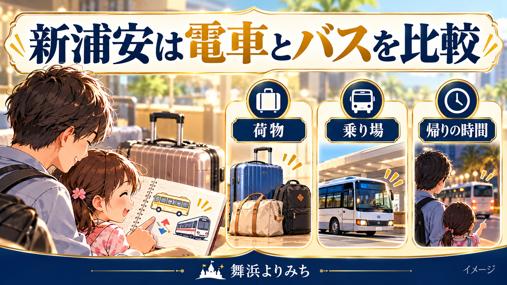 新浦安は電車とバスを比較について、荷物・乗り場・帰りの時間を示す図解