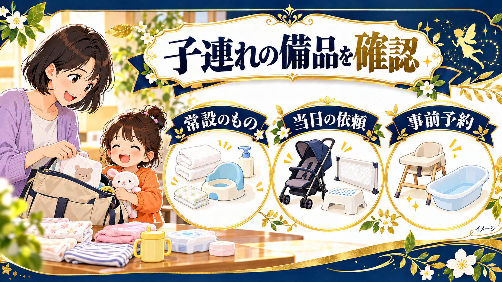 子連れの備品を常設、当日の依頼、事前予約に分けて確認する母子