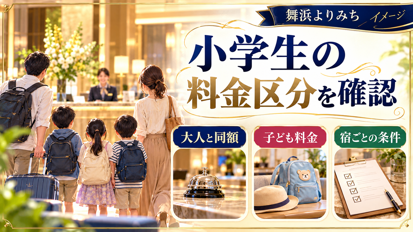 小学生の料金区分を確認について、大人と同額・子ども料金・宿ごとの条件を整理した図解