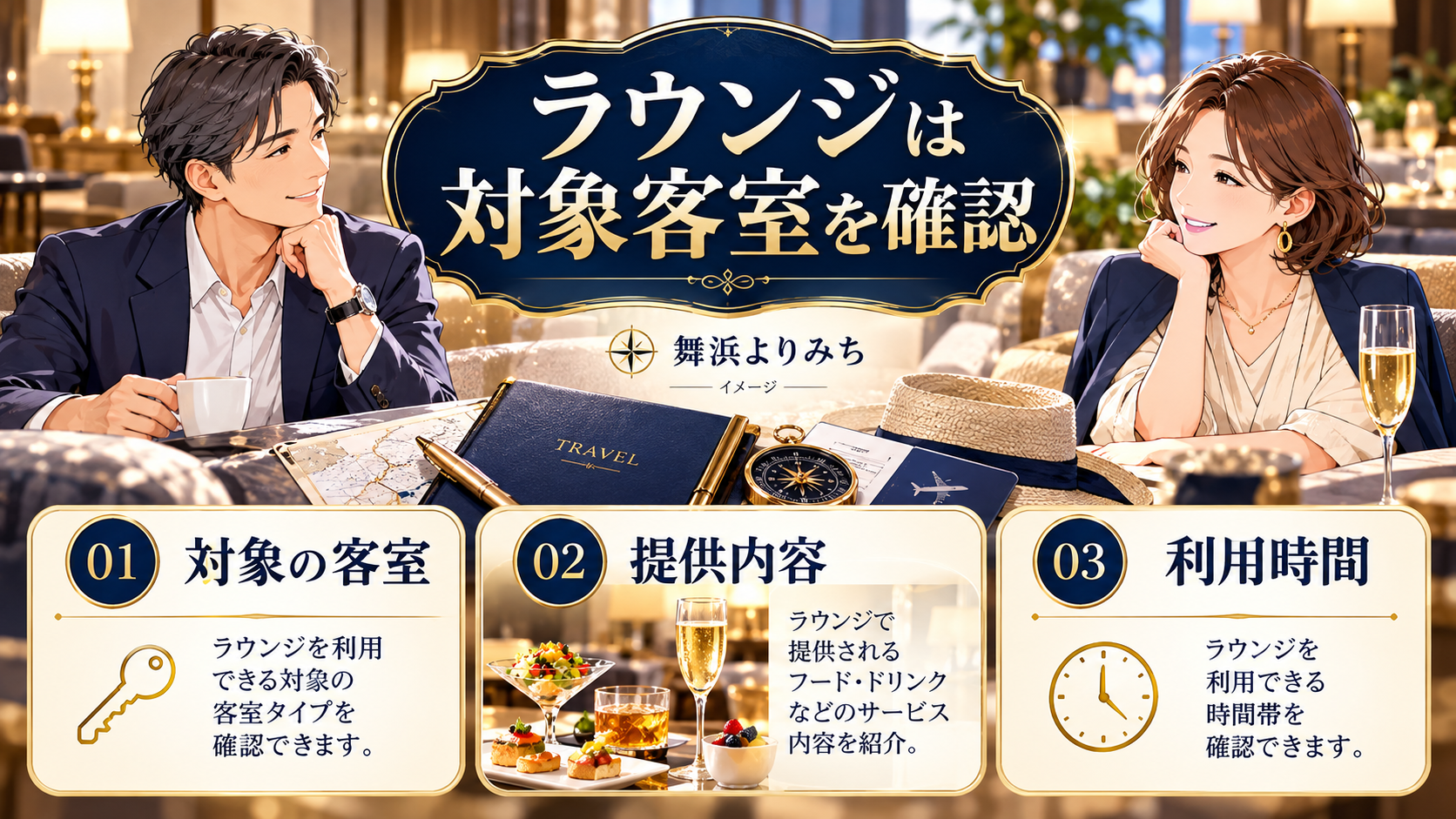 ラウンジは対象客室を確認について、対象の客室・提供内容・利用時間を示す図解
