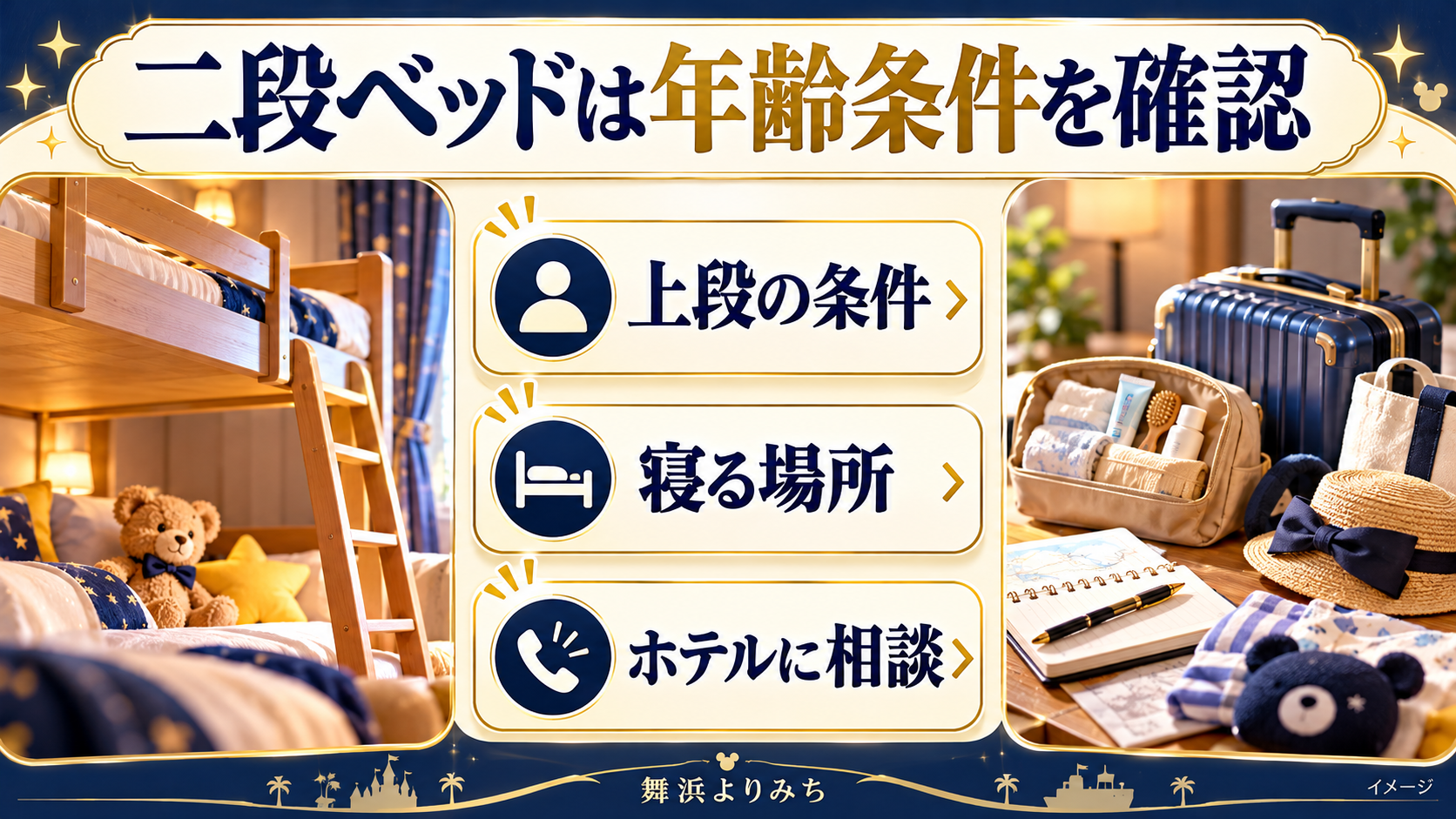 二段ベッドは年齢条件を確認について、上段の条件・寝る場所・ホテルに相談を示す図解