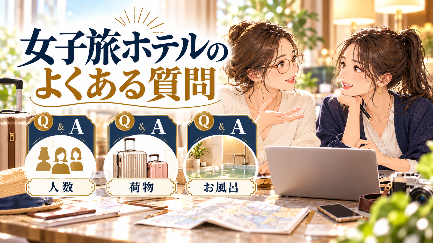 女子旅ホテルのよくある質問について、人数・荷物・お風呂を旅行用品やイラストで整理した図