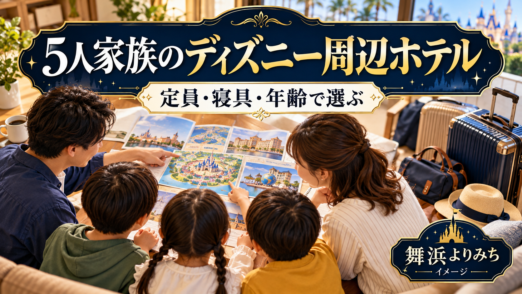 5人家族のディズニー周辺ホテルの確認ポイントを紹介する旅行イメージ