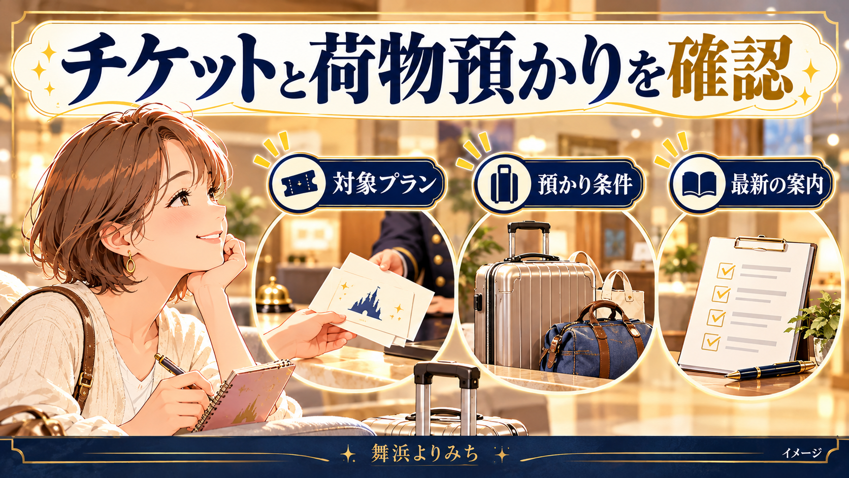 チケットと荷物預かりを確認について、対象プラン・預かり条件・最新の案内を示す図解