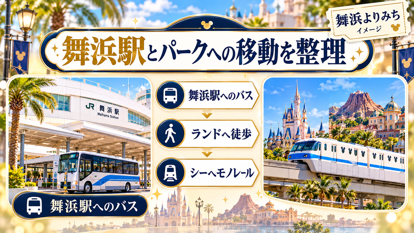 舞浜駅とパークへの移動を整理について、舞浜駅へのバス・ランドへ徒歩・シーへモノレールを整理した図解