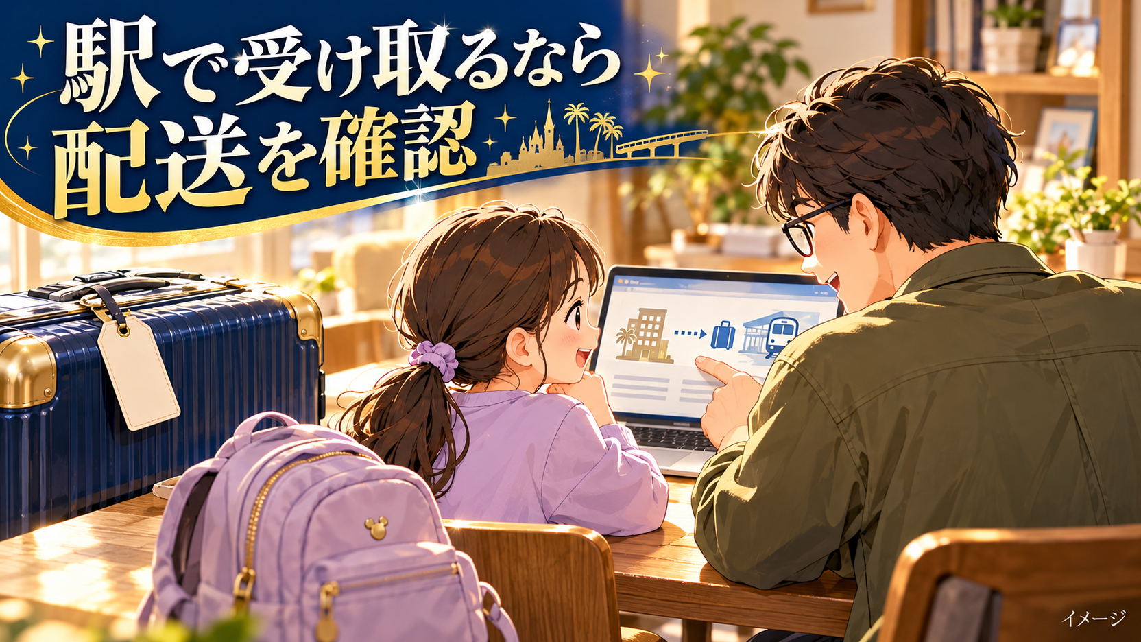 父親と子どもがスーツケースと荷物タグを使いながら予定を相談するイメージ