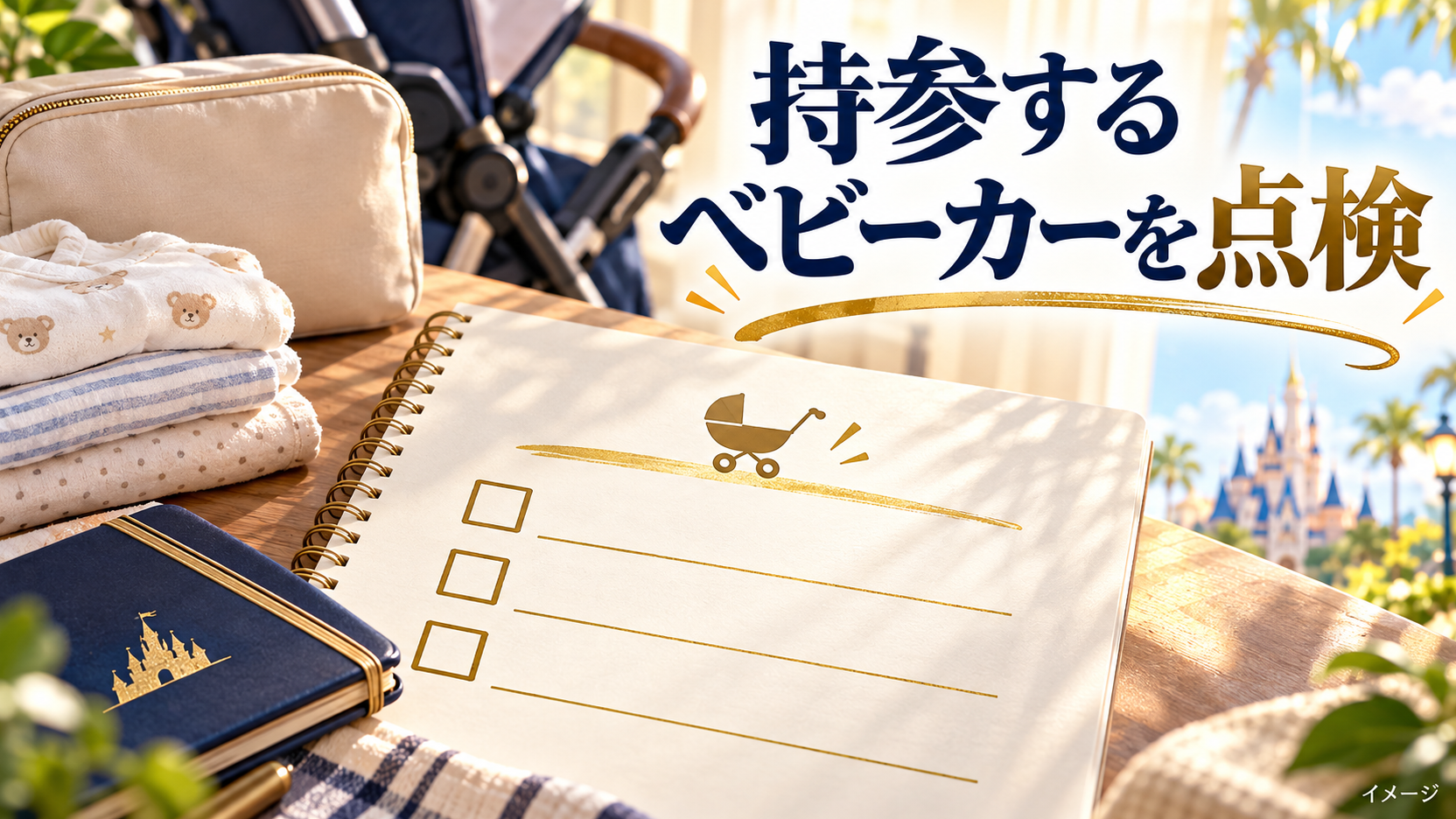 チェック欄のあるノートと赤ちゃんの衣類とおむつ用ポーチで事前の確認項目を整理するイメージ
