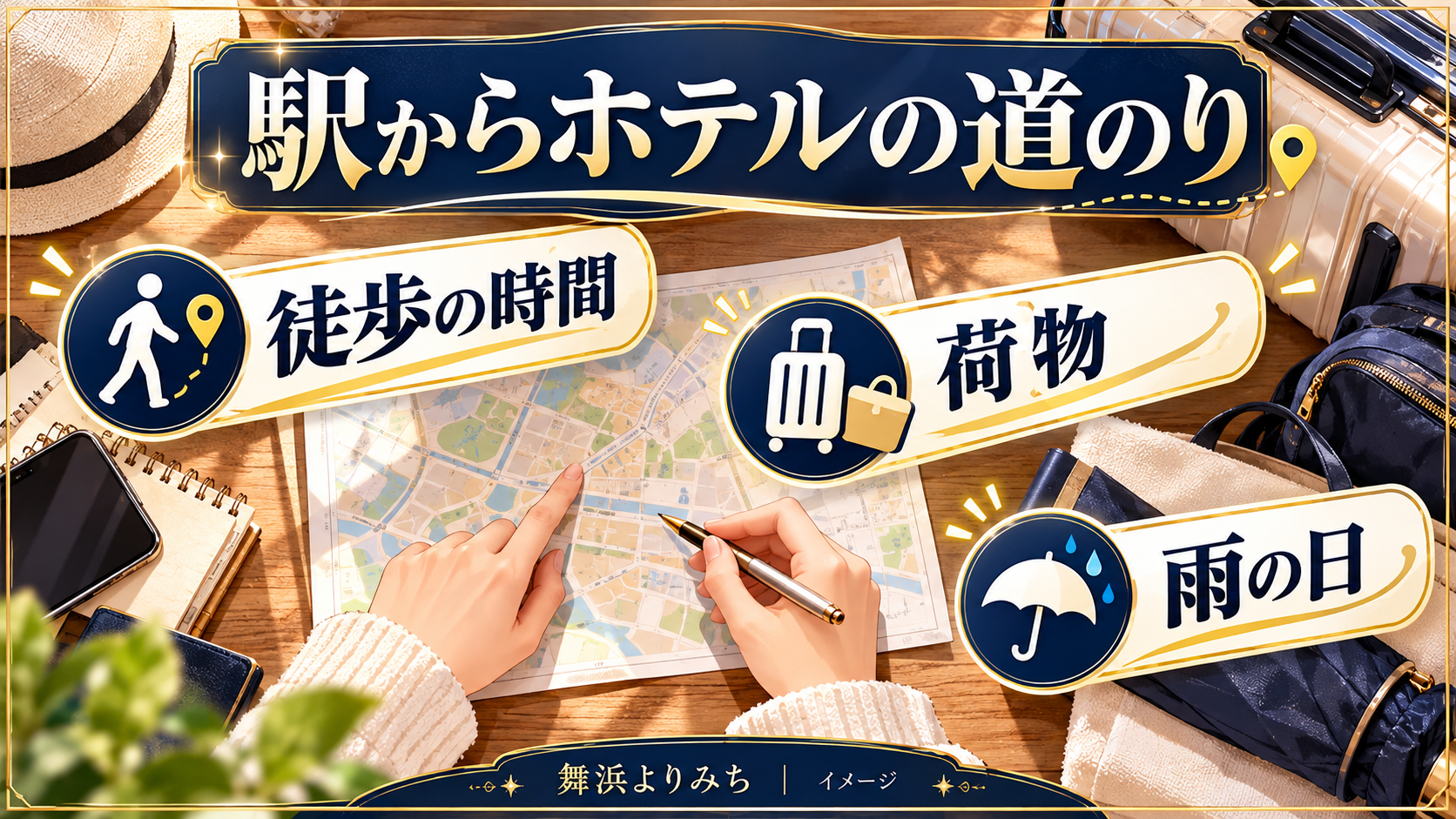 駅からホテルの道のりについて、徒歩の時間・荷物・雨の日を示す図解