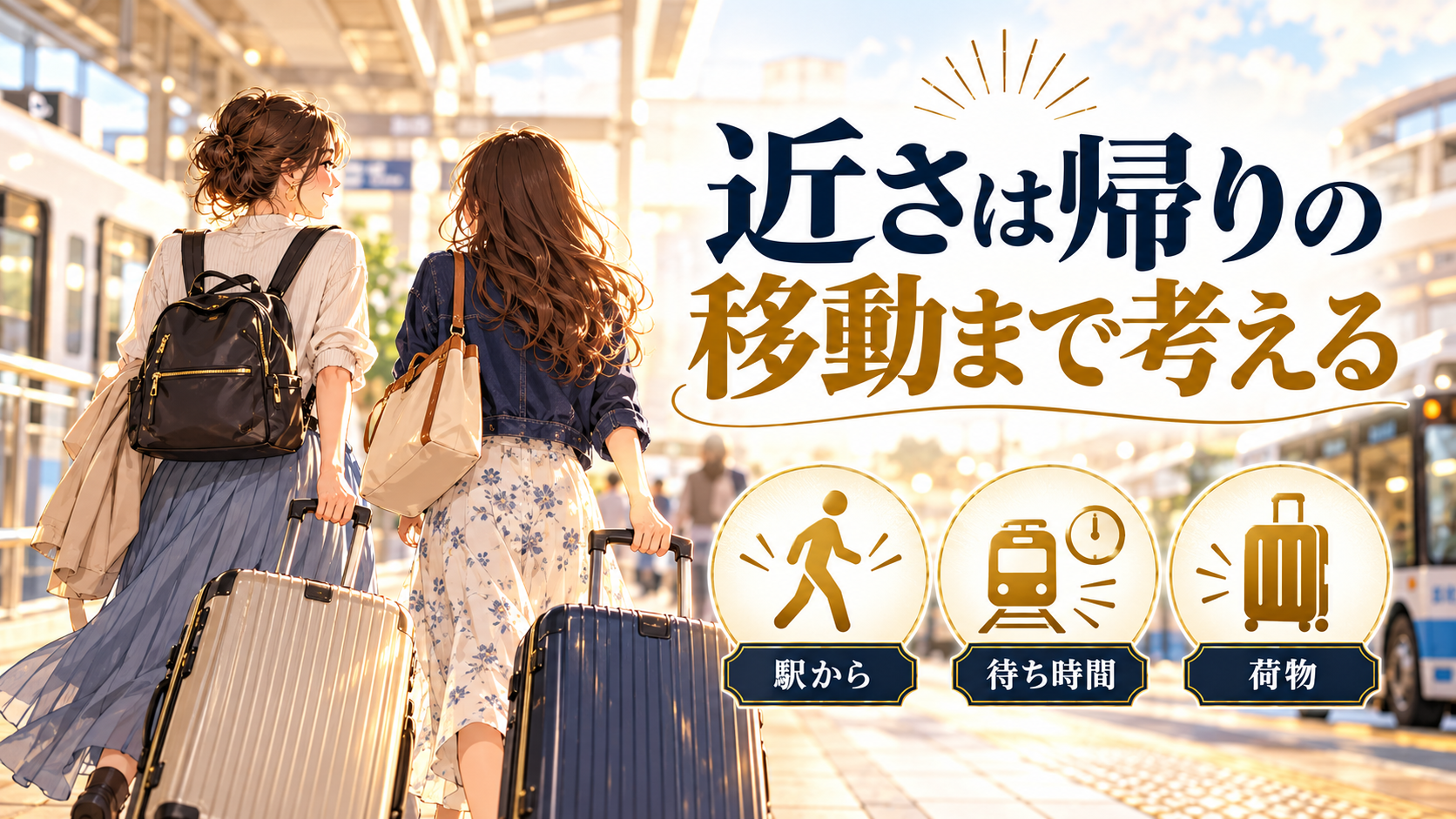 近さは帰りの移動まで考えるについて、駅から・待ち時間・荷物を旅行用品やイラストで整理した図