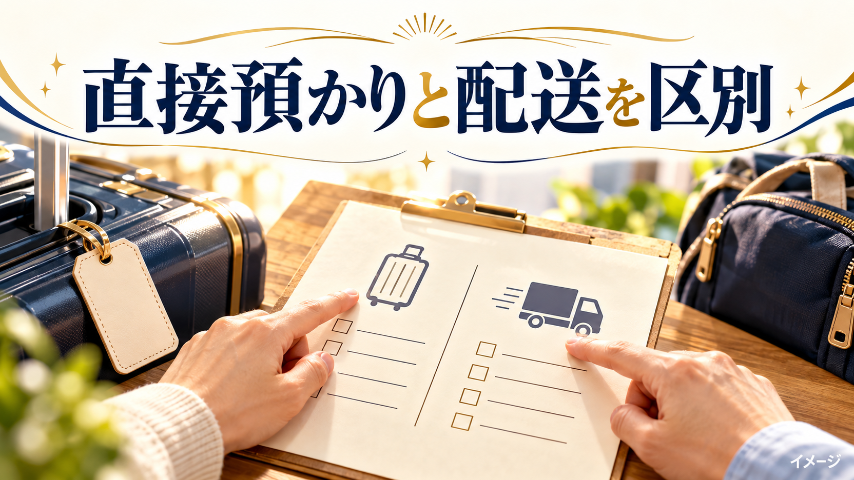 手元のチェックリストとスーツケースと荷物タグで準備する内容を確認するイメージ