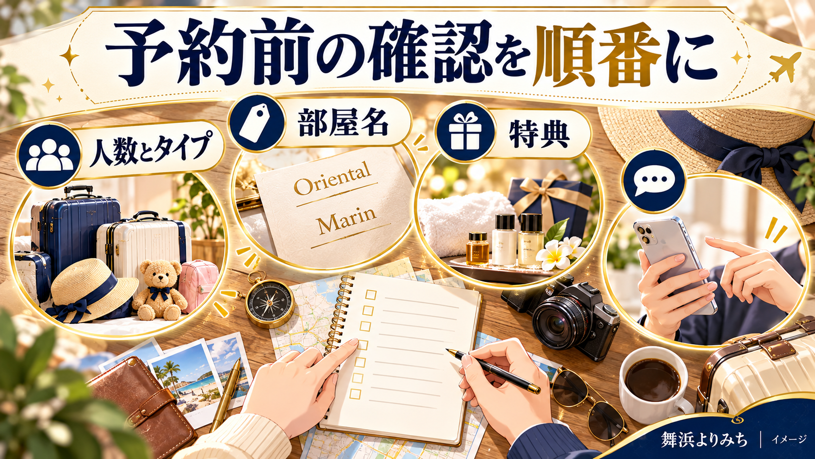 予約前の確認を順番にについて、人数とタイプ・部屋名・特典を示す図解