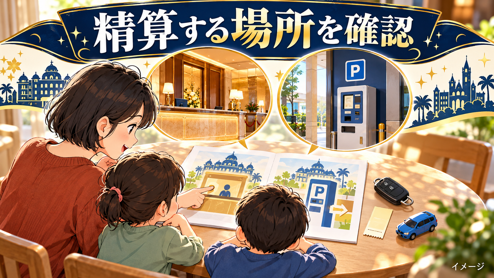 母親と子どもたちが車の鍵と駐車券をそばに置いて旅行の準備をするイメージ