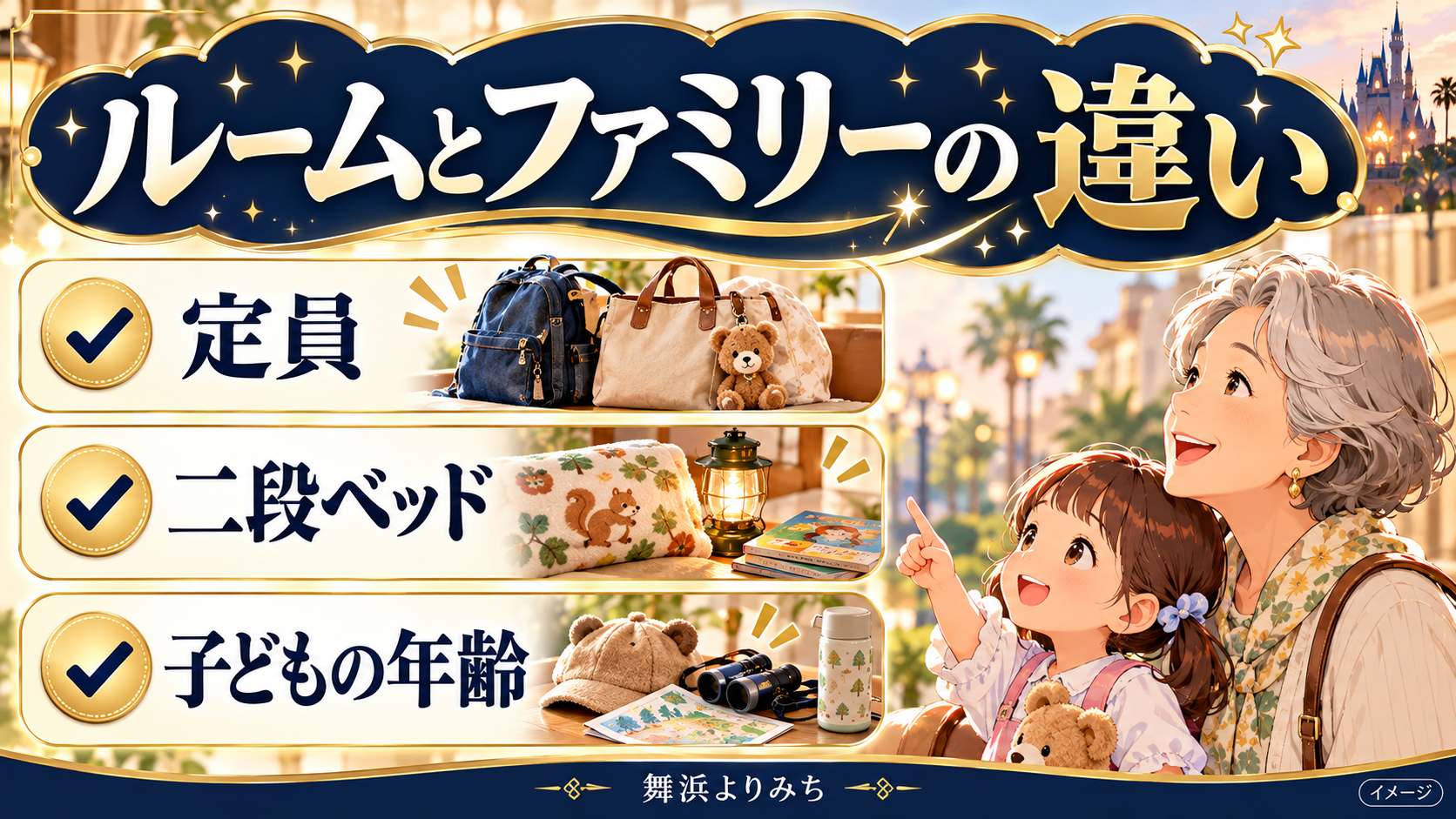 ルームとファミリーの違いについて、定員・二段ベッド・子どもの年齢を示す図解