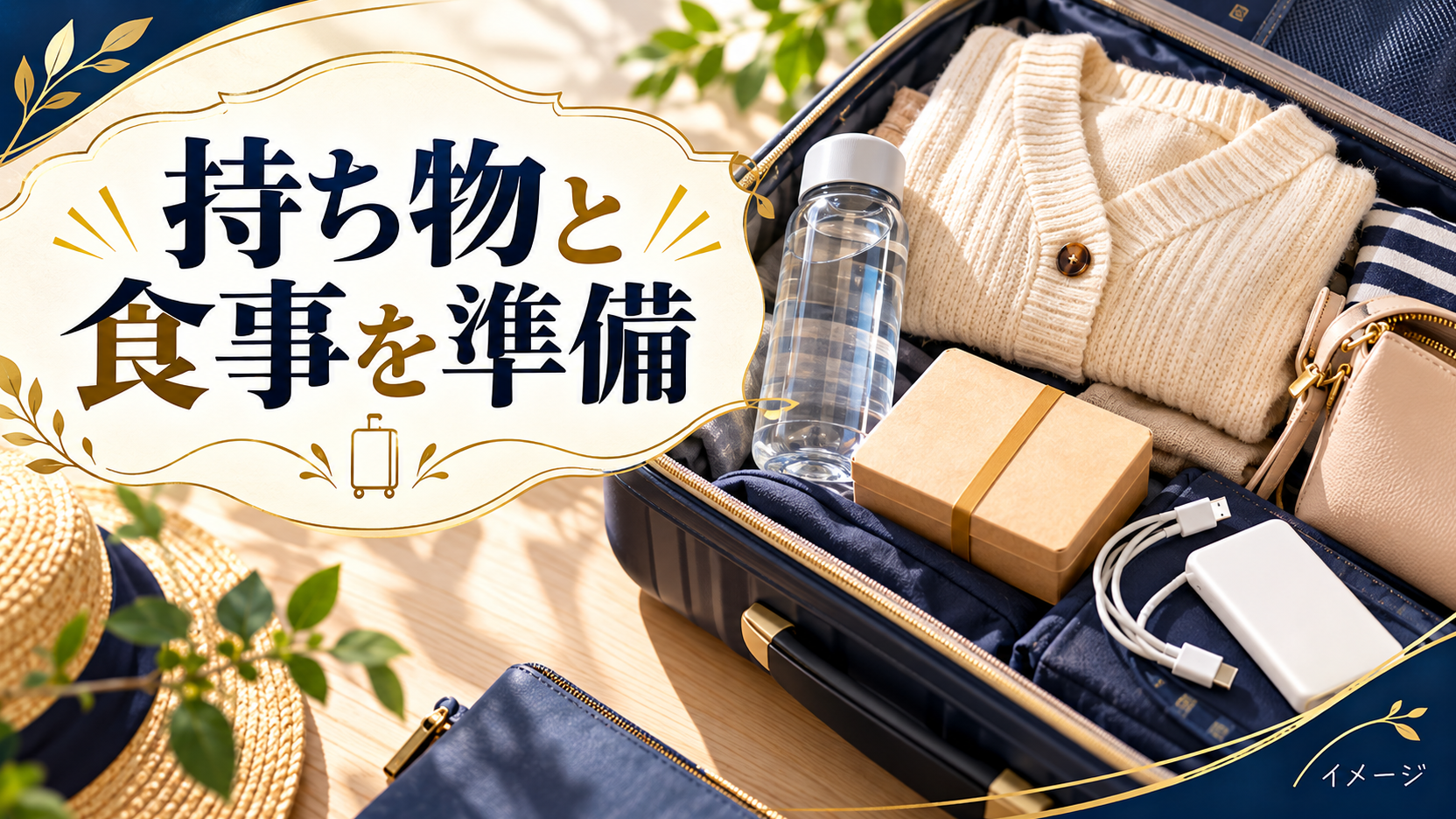 飲み物・軽食の箱・充電器・羽織り・小さなバッグをまとめた持ち物のイメージ